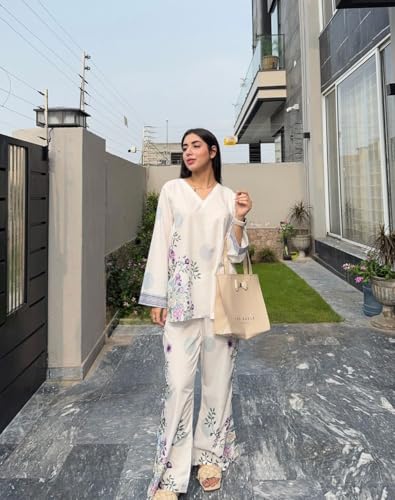 Image of Modestouze Attires Cord Set for Women Cotton Stylish Poly Rayon Long Sleeves Turkish Co Ord Mandarin Neck Floral Print Western Co Order Set for Women, Wear as Office Coat, Travel Coord, Cot