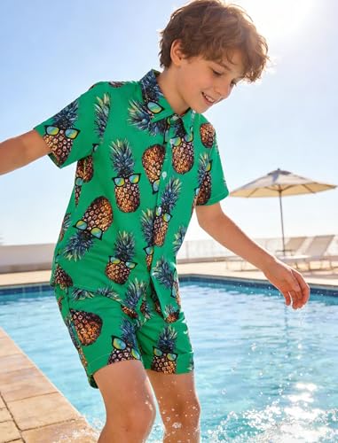 Image of UNICOMIDEA Boys Hawaiian Outfits Tropical Print Button Down Shirt + Swim Trunks 2 Piece Sets for 5-12T Kids