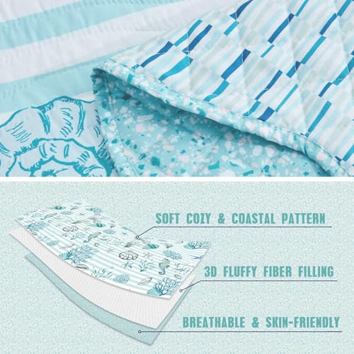 Image of HZ & HY Coastal Oversized King Bedspread, Reversible Beach Pattern Quilt Set King /Cal King, Lightweight Coverlet, Scalloped Edge - Seashell Coastal Look, 6 Piece, Shell