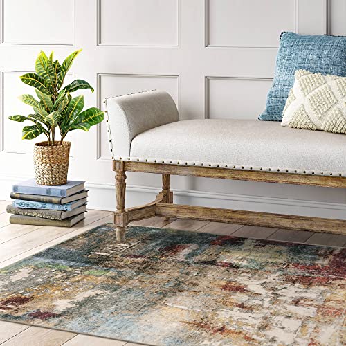 Lahome Modern Abstract Area Rug - 3x5 Washable Bedroom Rug Soft Throw Entry Mat Non-Slip, Contemporary Faux Wool Stain Resistant Floor Carpet for Living Room Kitchen Chair Door,Red/Multi