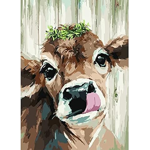 Hrobig Paint by Numbers Animals Cow for Adults and Beginners, DIY Hand Painted Oil Painting Canvas Set with Acrylic Pigment for Women, Home Decoration, Christmas Gift, 40x50 cm (Without Frame) Cover
