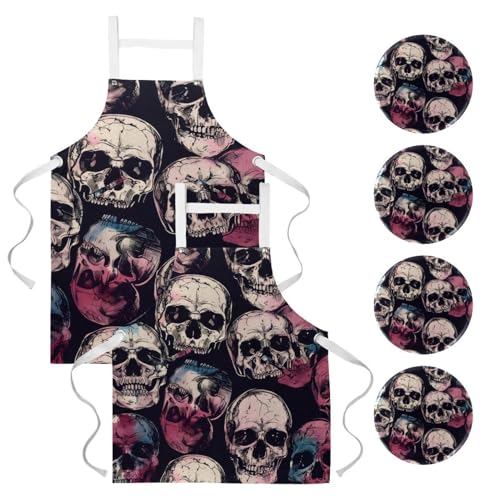 Lot de 2 tabliers de cuisine à crânes morts colorés avec 4 broches de fixation