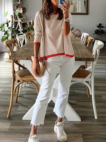 Image of Wowcarbazole Women's Pullover Sweaters Striped Long Sleeve Crew Neck Color Block Sweater Tops Casual Loose Knit Shirts