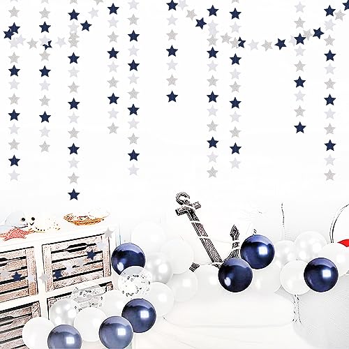 Image of Navy-Blue White-Silver Party-Decorations Birthday Garland - 62ft Twinkle Little Star Hanging Streamers Banner,Wedding Bachelorette Bridal Baby Shower Graduation Decor Hugtmr