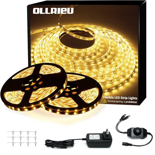 Image of LED Strip Lights 33ft Dimmable 3000K Bright Warm White Strip Lighting, 10M 600 LEDs 2835 Flexible Ribbon Light 12V LEDs Tape LED Lights for Bedroom Kitchen Home Decoration
