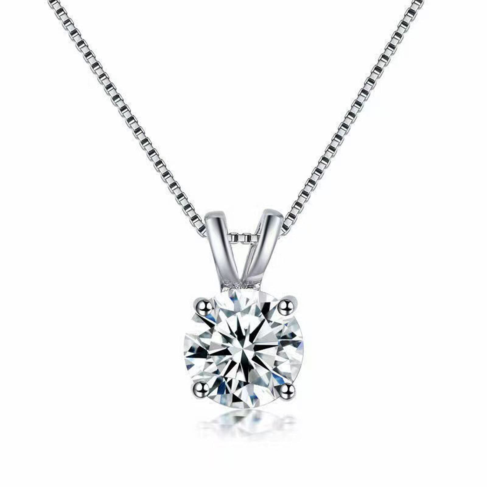 925 Silver Round Zircon Birthstone Pendant Four Claws Crystal Necklace Fashion Women's Trend Collarbone Chain Women's Jewelry Girl's Gift