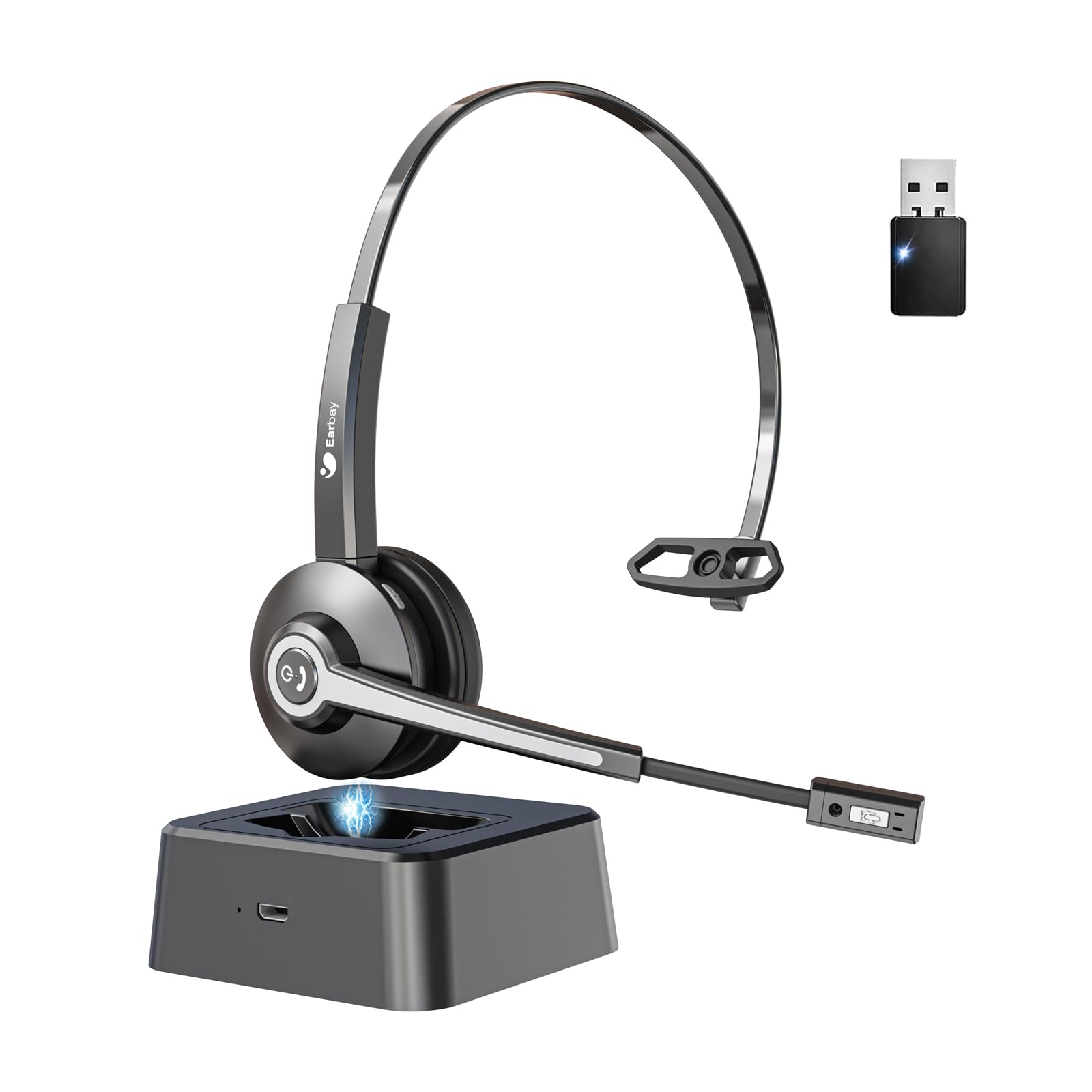 Earbay Trucker Bluetooth Headset, Wireless Headset with Mic for Work Noise Canceling & USB Dongle, Bluetooth Headphones with Microphone Mute & Charing Dock for Trucker/Meeting/Remote Work/PC/Office-image-18
