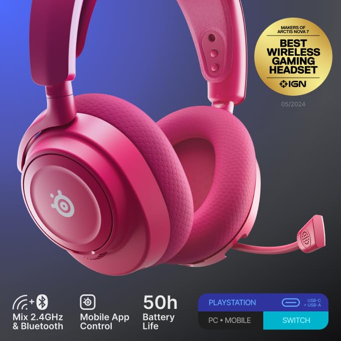 Image of SteelSeries Arctis Nova 7P Wireless Gen 2 Gaming Headset - Real-Time App Control, 50+ HR Play, Neodymium Magnetic Drivers, Mix 2.4GHz /Bluetooth, PS5, PS4, PC, Switch 1 /2, Mobile - Magenta