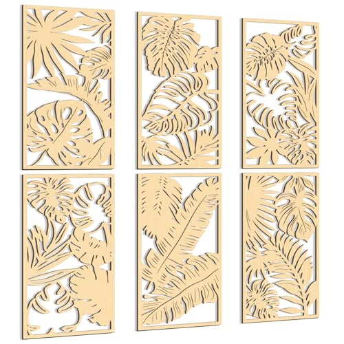 Menkxi Lot de 6 feuilles de palmier tropicales de 40 x 20 cm - Décoration murale abstraite bohème en bois sculpté 3D pour maison, chambre à coucher, salle de bain,...