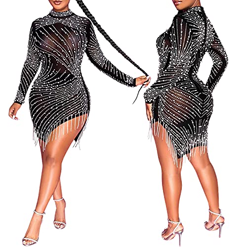 Image of PORRCEY Women Sexy Hot Drilling Process Sexy Dress Party Club Night Dress (5216,Black,M)