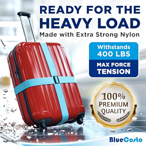 Image of Luggage Straps for Suitcases - Blue, 4 PK - Premium Nylon Belts for Luggage Security - Heavy-Duty w /Adjustable Length (46 inch-78 inch) for Suitcase, Briefcase, Backpack & Travel Bag - by BlueCosto