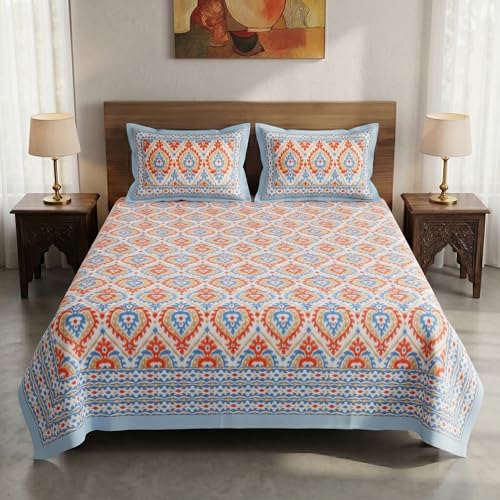 Image of Mafatlal 144 TC Heritage Queen Size Bedsheet | (90x108 inches) 100% Cotton Flatsheet Double Size with Two Pillow Covers| Super Soft Bed Sheet | Floral Design | Printed Fusion