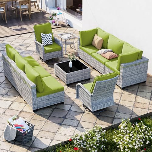Image of 10-Piece Patio Furniture Set, Outdoor Patio Furniture with Swivel Chairs Set, Thick Cushions, Modular Patio Sofa, Dual-Strand Rattan, Rust-Resistant Frame, Grass Green