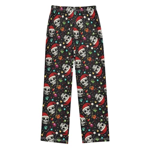 Christmas Pajama Pants Skull with Santa Hats Long Sleep Pants Lounge Bottoms