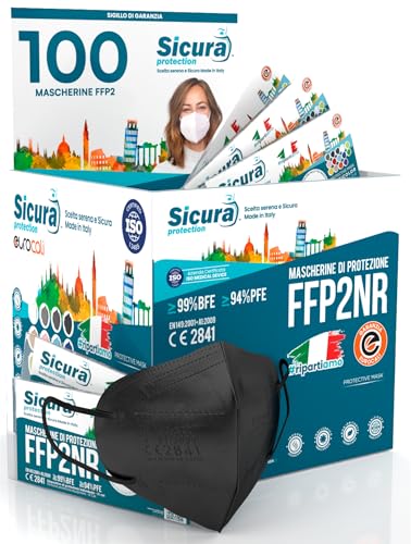 100 mascarillas negras FFP2 Certificadas CE Fabricadas en Italia SICURA BFE ≥99% Mascarillas SANITIZADAS y selladas individualmente EN 149:2001+A1:2009