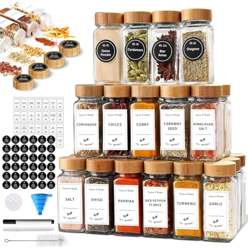 Yoawllty Glass Spice Jars Empty Square Spice Containers with Bamboo Lids Glass Food Storage Containers Jars with Labels Stickers Shaker Lids Funnel Paint Pens and Cleaning Brush (Bamboo 24)