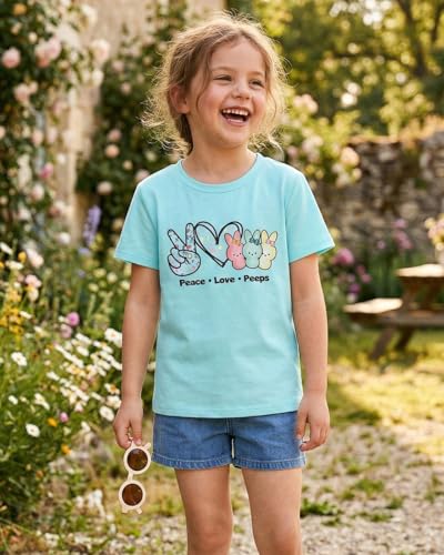 Image of SOFEON Kids Girls Easter Shirt Bunny Peace Love Peeps T-Shirt Cute Funny Rabbit Graphic Tees Short Sleeve Casual Tops