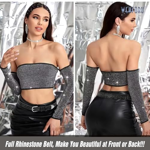 WERFORU Women Bling Rhinestone Soft Jeans Dress Belt Shiny Crystal Waist Belt with Silver Buckle2