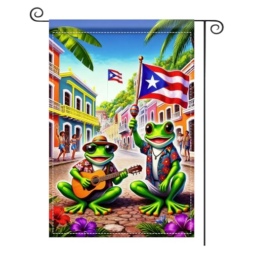 Image of Nuxovilar Puerto Rico Garden Flag Frog Guitar Polyester Decor 12x18inch