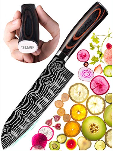 TESAIGA Santoku Knife 7 inch, Professional Kitchen Knives High Carbon Stainless Steel With Pakkawood Handle, Meat Vegetable Fruit Cutting for Home & Restaurant