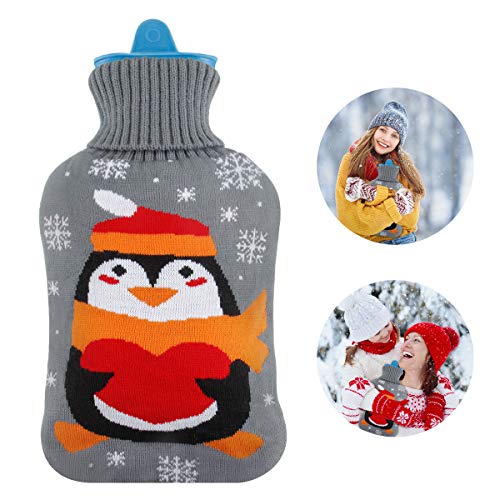 Mture Bouillotte, Bouteille eau Chaude avec Housse, avec amovible & Lavable Housse tricotée, Fournir Les Plus de Chaleur et de Confort, 2L (Manchot)