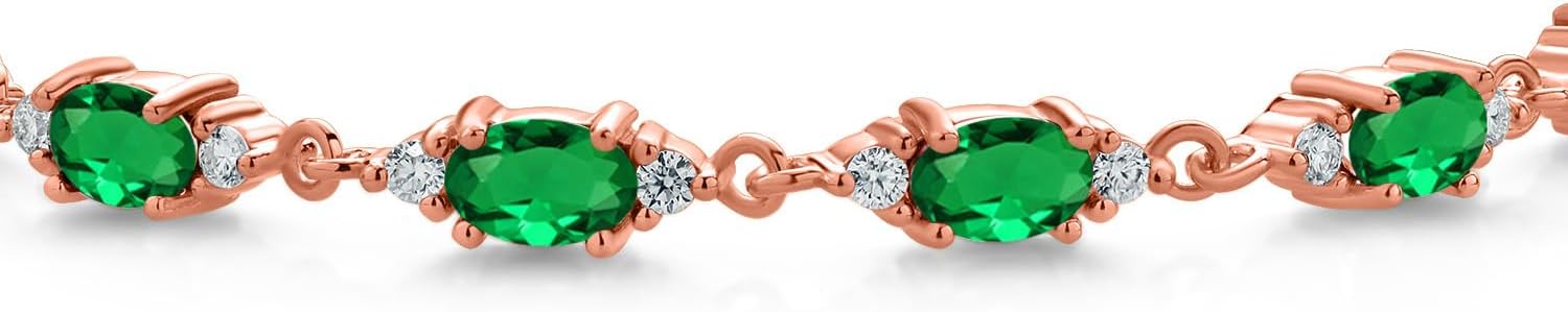 Gem Stone King 18K Rose Gold Plated Silver Green Nano Emerald and White Moissanite Tennis Bracelet For Women (5.71 Cttw, Gemstone Birthstone, Oval 6X4MM, 6.5, 7, 7.5 Inch) - Image 2