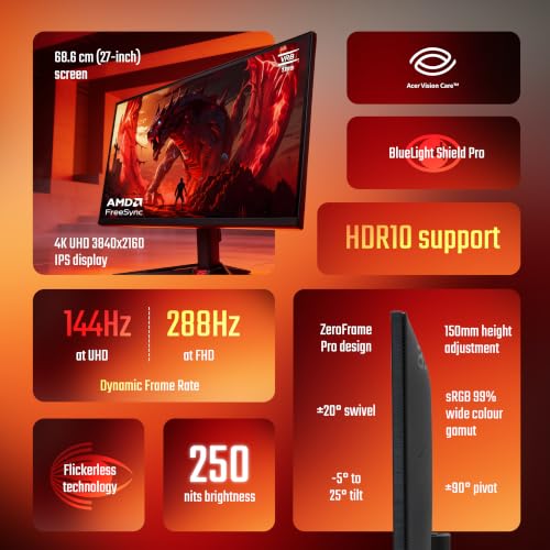 Image of Acer Nitro XV270K V2 27 Inch 4K UHD IPS Gaming Monitor | 144Hz | DFR FHD 288Hz | 1ms VRB | HDR10 | 99% sRGB | AMD FreeSync Premium | Ergo Stand | HDMI 2.1 | DisplayPort | Smart Dial | Eye Care