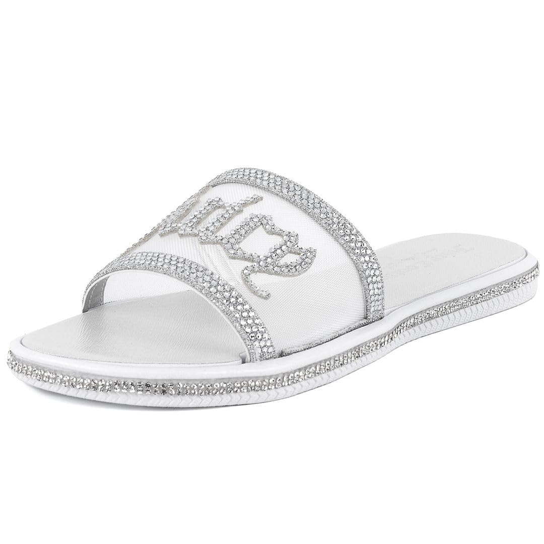 Juicy Couture Women's Slide Sandals - Glitter Bling Open Toe Sparkle Flats - Dressy Summer Casual Footwear