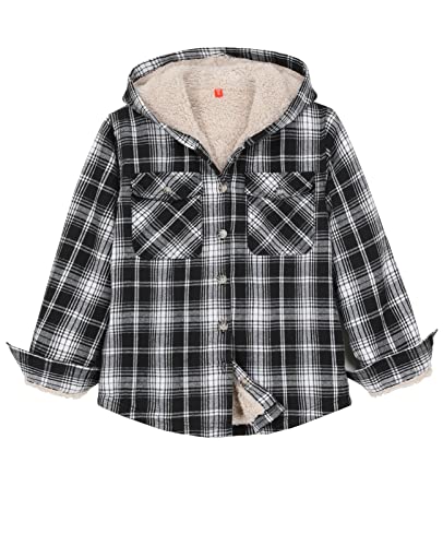 Image of ZENTHACE Boys Sherpa Fleece Lined Flannel Plaid Button Down Shirt Jacket,Hooded Flannel Shirt with Hand Pockets