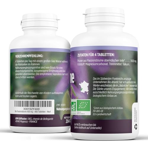 Bio Passionsblume 1600 mg pro Tag - ENTSPANNUNG, SCHLAF - 400 Tabletten | Premium Naturprodukt & Rein pflanzlich