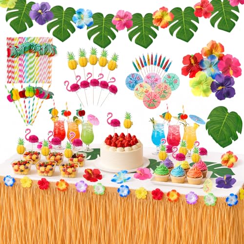 Hawaïenne Luau Table Jupe Set, Jupe de Table Hawaïenne 9.6FT avec Feuilles de Palmier et Fleurs Hawaïennes, Accessoires pour Cocktails Hawaïens,...