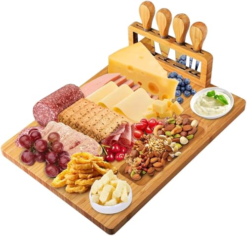 ALANX Bamboo Cheese Board Set Serving Tray with 4 Stainless Steel Knives Cheese Boards Charcuterie Platter Ideal for Christmas House Warming Wedding Anniversary Thanksgiving 14x11