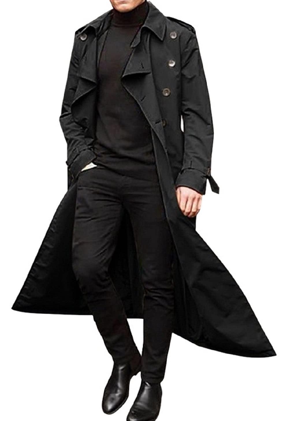 chartou Men's Lightweight Notched Double Breast Belt Long Trench Pea Coat Overcoat-picture-4
