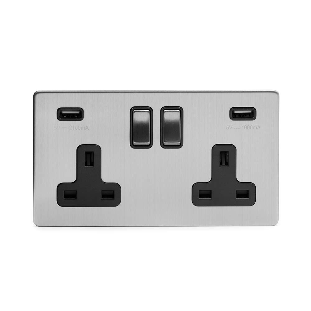 Brushed Chrome Socket with white Insert - Screwless Faceplate (Black Insert, 2 Gang USB Double Plug Socket)