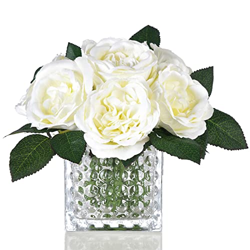 GreenHouzz Centros de mesa de flores de seda de peonía artificial con arreglo floral sintético en jarrón de vidrio para decoración de mesa de boda en el hogar (crema)