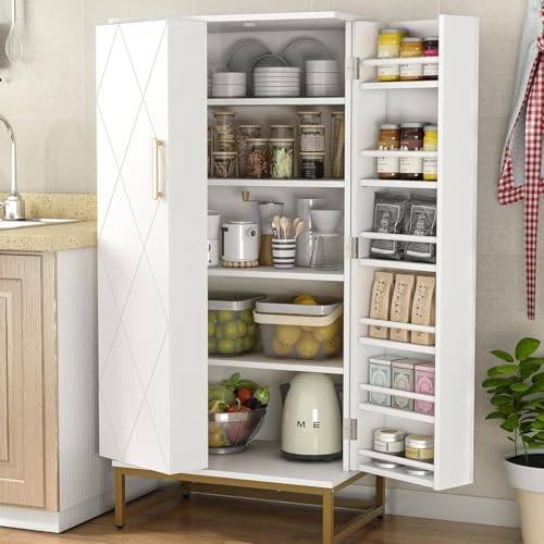 kepptory 51” Kitchen Pantry Storage Cabinet, White Freestanding Pantry Cabinets with Doors and Adjustable Shelves, Buffet Cupboards Storage Cabinet for Home Office Use, Dinning Room(White + Gold)