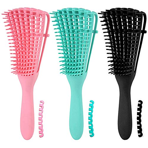 Ez Detangler Brush Flex Hair Detangling Brush for Wet Hair Curly Hair Kinky Wavy Hair Coily Hair 4c Natural Black Hair (Black + Green + Pink)