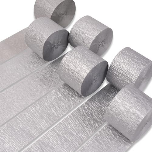 Image of PartyWoo Silver Crepe Paper Streamers 6 Rolls 492 ft Pack of Crepe Paper Rolls for Graduation Wedding Baby Shower Gender Reveal New Year Anniversary Birthday Party Decorations (1.8 Inch x 82 Ft /Rolls)