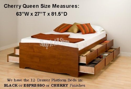 DRAWERS ONLY Teen - Adult Queen Size Cherry Platform Storage Bed - Captains / Mates Underbed Dresser Chest for Clothes / Books / Toys / Space Saver w/Twelve (12) Drawers