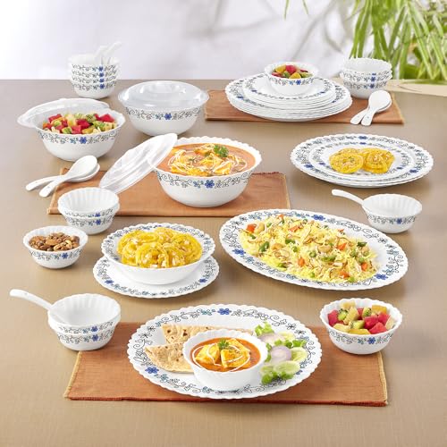 Image of Larah by Borosil 47 Pieces Opalware Silk Series Dinner Set | for Family of 8 | Microwave & Dishwasher Safe | Bone-Ash Free | Crockery Set for Dining & Gifting | Plates & Bowls (Blue IRIS)