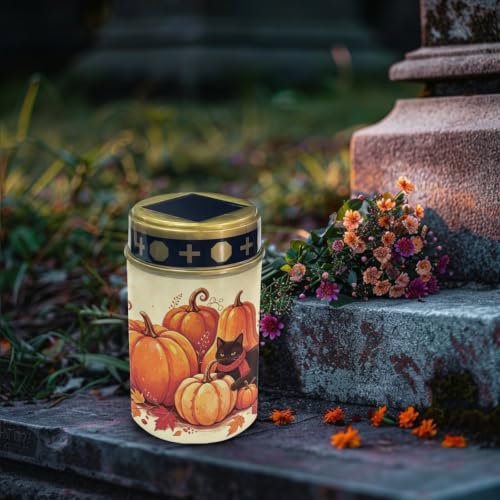 Image of Poceacles Solar Candle Cemetery Solar Lights for Grave LED Garden Flameless Powered Pathway Lights for Halloween Party Decorations, Black Cat Pumpkin Autumn Leaf Print Beige, Pack of 2