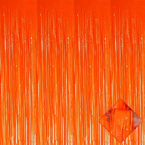 Image of 4 Pack 3.2Ft x 8.2Ft Orange Foil Fringe Curtain Backdrop, Metallic Tinsel Foil Fringe Streamers Curtains Background for Photo Booth, Birthday, Wedding, Halloween, Christmas Party Decoration