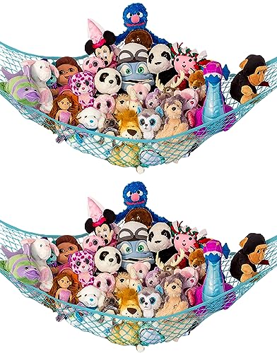 Image of Lilly's Love Stuffed Animal Hammock | Corner Hanging Organizer, Toy Storage, Stuffed Animal Storage Net | Made from Quality Fishing Net, Holds 12lbs | 67"x47"x47" (Light Blue, 2 Pack)