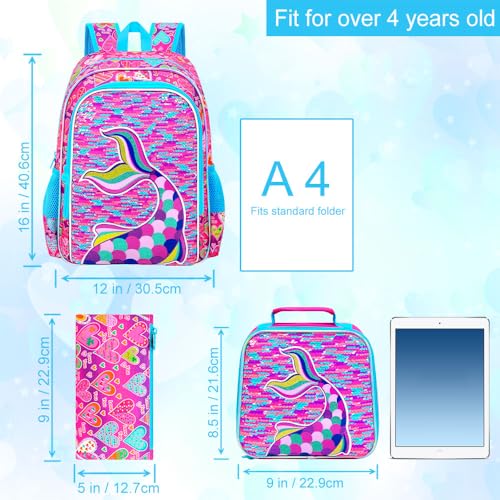Image of CCJPX 3Pcs Mermaid Backpack, 16 inch Girls Sequin Bookbag with Lunch Box, Kids Water Resistant Elementary School Bag for Kindergarten Preschool Toddler (Rose)