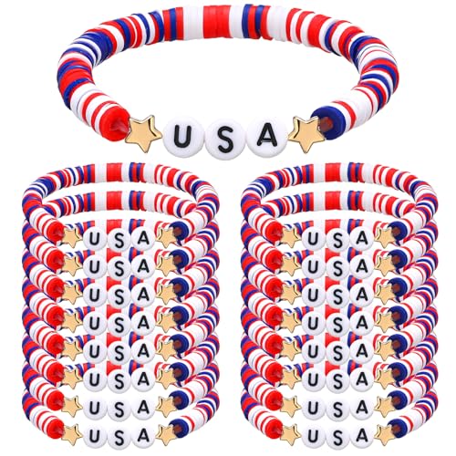 USA Bracelets Bulk 4th of July Accessories Red White and Blue Polymer Clay Beaded Stretch Bracelets for Women USA Jewelry Independence Day 4th of July Patriotic Party Favors Gifts
