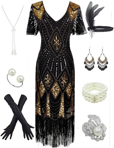 Image of Women 1920s Gatsby Vintage Sequin Flapper Fringe Party Plus Dress with 20s Accessories Set