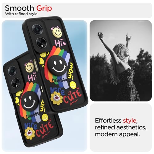 Image of Pikkme Back Cover for Oppo F23 5G | Soft Silicone| Cute Rainbow Smile & 3D Cartoon Flower Design | Shockproof Raised Camera Protection Bumper Case (Black)