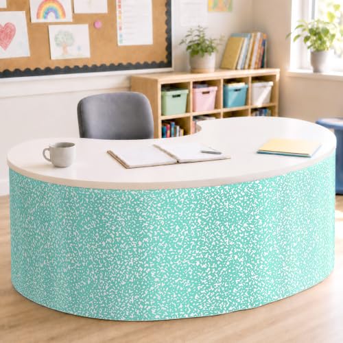 Image of 9FT Green and White Composition Table Skirt Teacher Desk Skirt for Composition Notebook Classroom Decor Rectangle Table Cover for Back to School Party Supplies Kindergarten Office Bookcase Cabinet