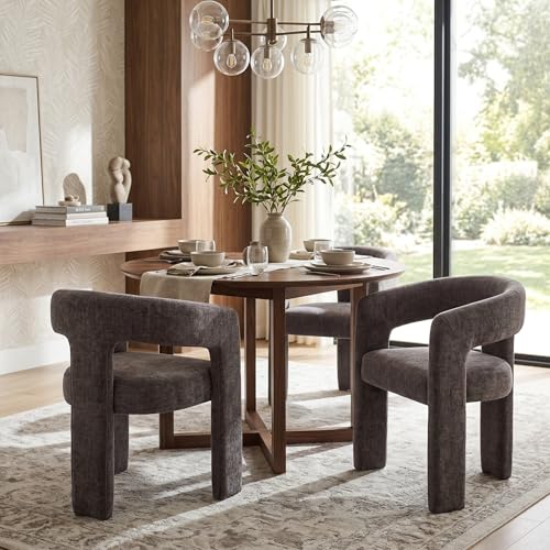 Image of HNY Modern Charcoal Grey Chenille Dining Chairs Set of 3, Upholstered Kitchen Chairs with 4 inch Thick Cushion & Wide Seat, Solid Wood Frame No Assembly Accent Chairs for Dining Room, Kitchen, Restaurant