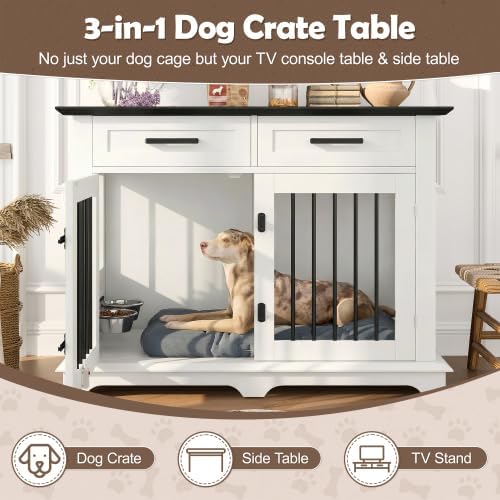 Large Dog Crate Furniture with Storage Drawers – 44.48" Indoor Wooden Kennel